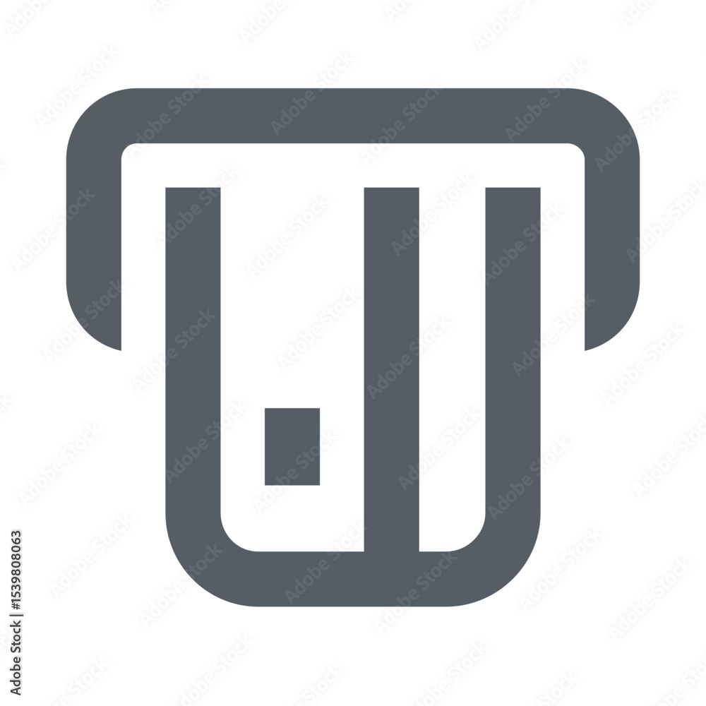 Poster illustration of a stylized gray atm symbol with rounded edges and a square detail inside the shape