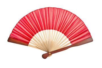 Red Traditional Folding Fan with Wooden Handle isolated on transparent white background, clipping path