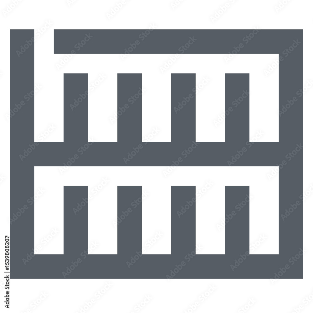 Poster illustration of a gray abstract shape with vertical bars and a maze like structure on the left side