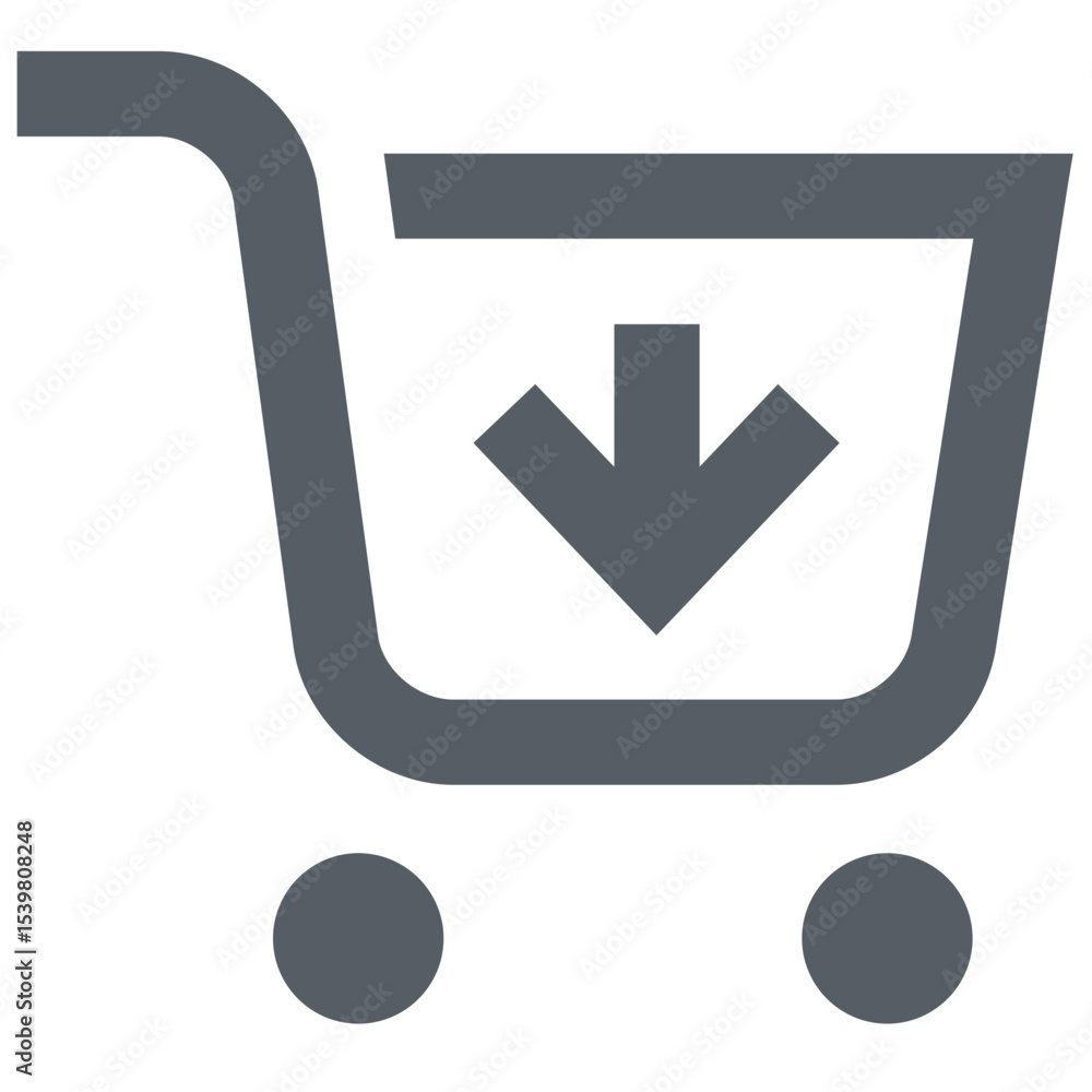 Poster gray shopping cart with a downward arrow indicating adding to cart in a simple graphic design style