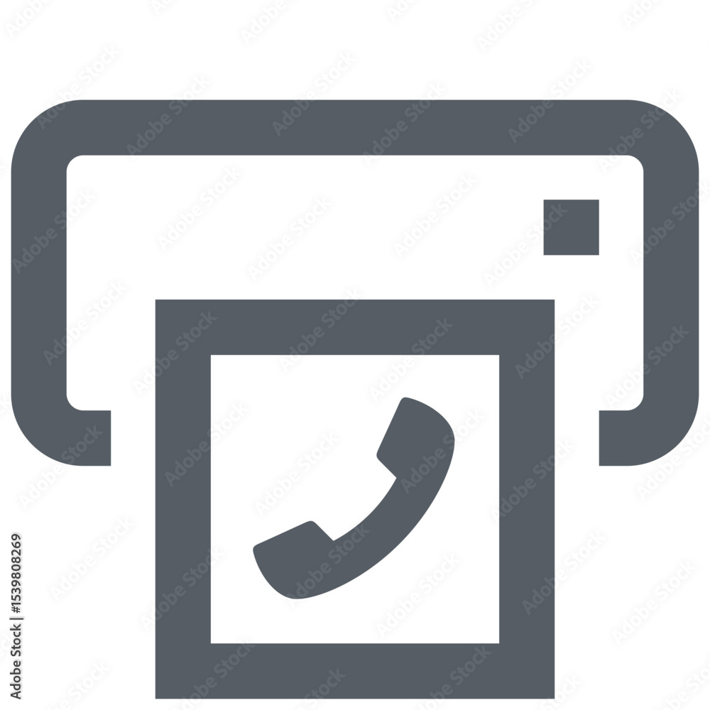 Poster illustration of a printer icon with a phone handset symbol inside a document rectangle shape