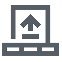 Illustration of a gray upload icon with an arrow pointing upwards inside a square shape design icon