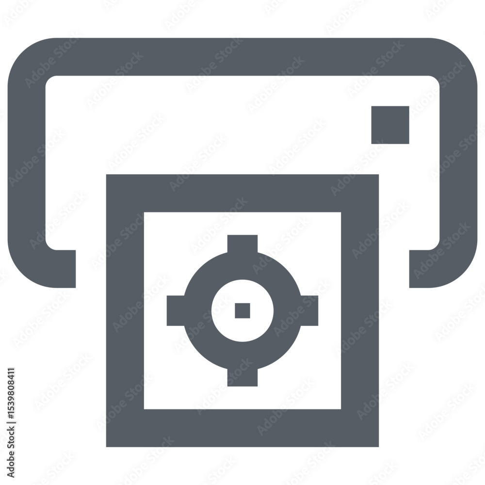 Poster illustration of a printer with a target icon inside a square, all in a solid gray color scheme image
