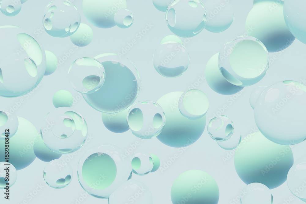 Poster tranquil scene of translucent soft mint green spheres drifting in a gentle haze. floating bubbles ab
