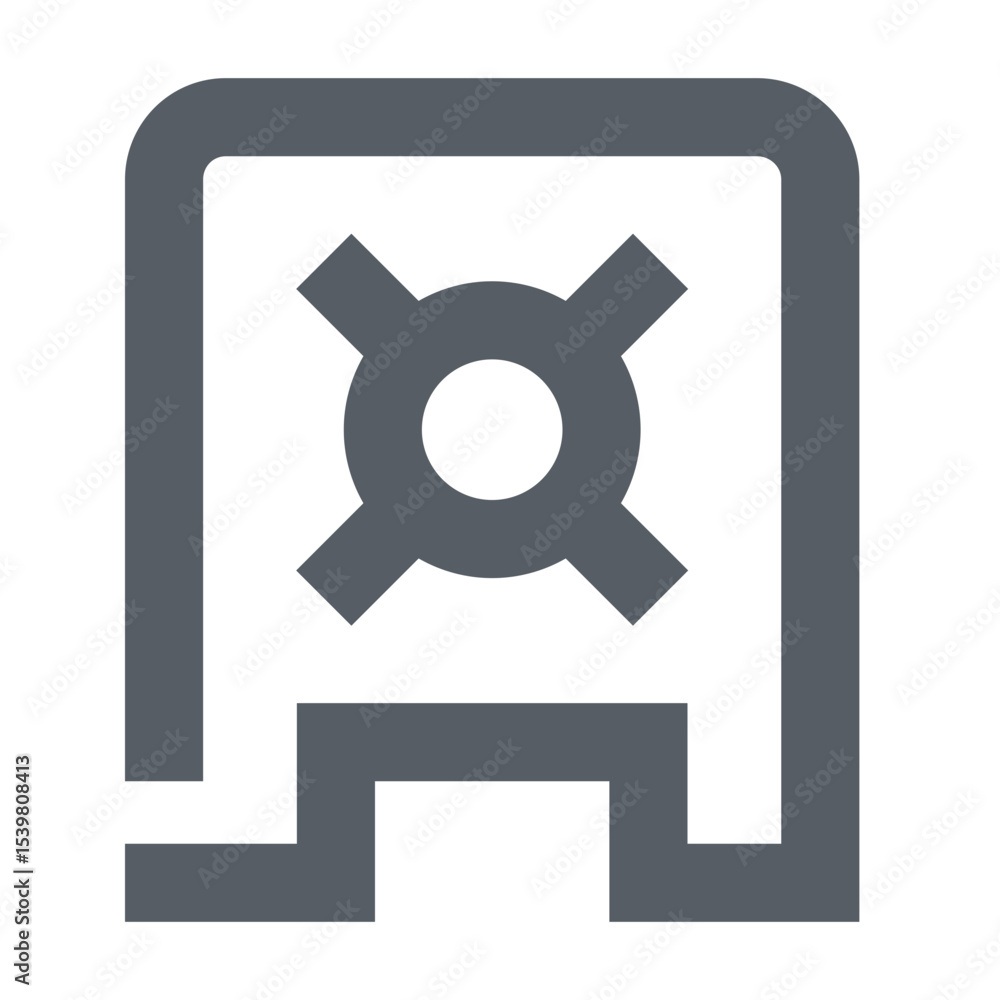 Poster illustration of a stylized safe with a circular lock mechanism and a blocky base design in gray colo