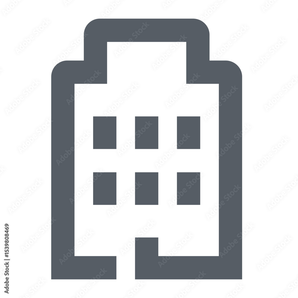 Poster illustration of a gray building with a simple outline and square windows on a white background view