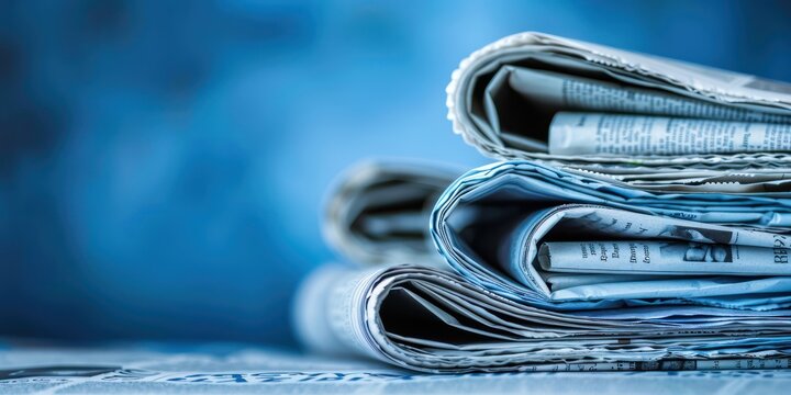 A stack of newspapers with a blue background, featuring a mix of headlines and advertisements