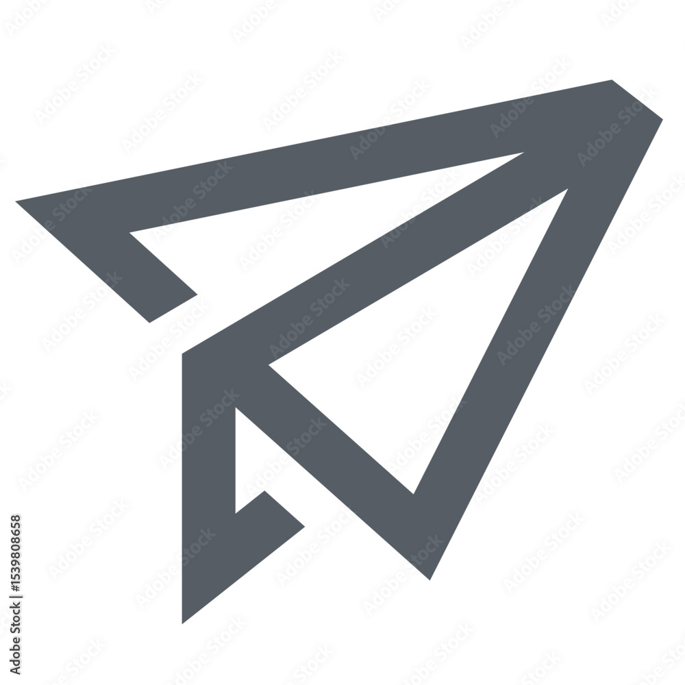 Poster a stylized gray paper airplane icon with sharp angles on a white background is displayed here
