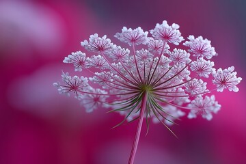 Translucent white queen anneâ€™s lace flower on a neon pink blurred background, surreal and modern floral art