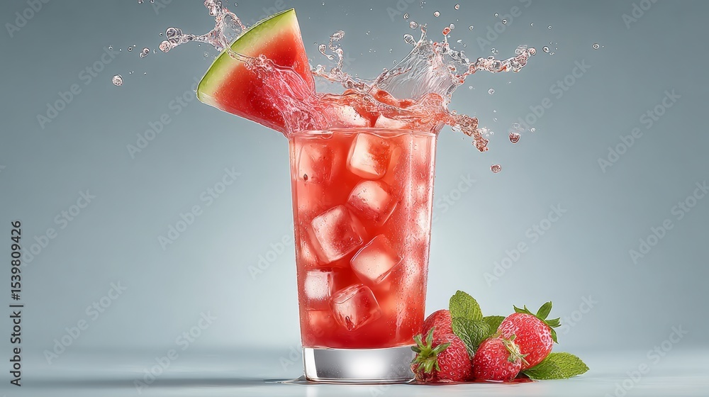 Poster glass of watermelon juice with ice cubes and a strawberry on the side. the image conveys a refreshin
