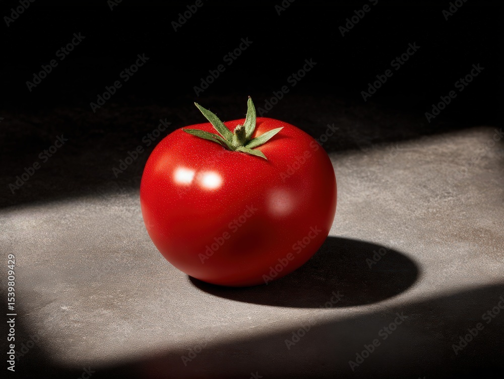 Poster captivating close-up of a glossy red tomato resting on a textured stone surface illuminated by soft 