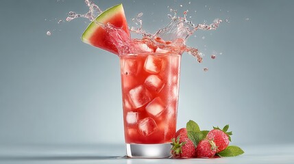 Glass of watermelon juice with ice cubes and a strawberry on the side. The image conveys a refreshing and healthy drink