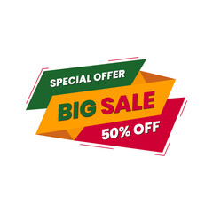 Bright Big Sale Design with Modern Geometric Elements and Curved Ribbons on White Backdrop. Green, Yellow, and Red E-Commerce Editable Banner