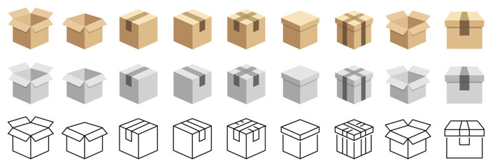 Box line and flat icons. Box in flat style. Carton box icons. Empty open shipping box or unboxing line art. Carton boxes icon set. Stock vector. Vector illustration.