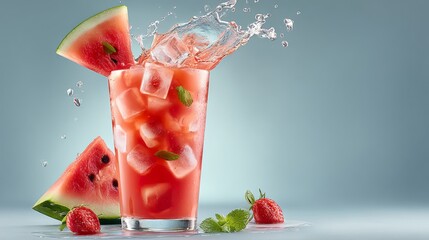 Glass of watermelon juice with ice cubes and strawberries. The juice is served in a glass and the strawberries are on the side