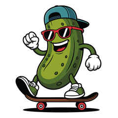 A funny Green Groovy Pickle Cartoon Character character with a cheerful and cute expression with sunglasses and skating board