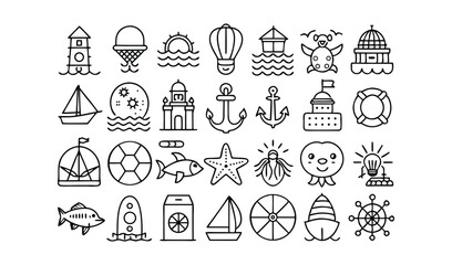Fototapeta premium Summer vacation travel icons line art set