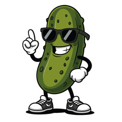 A funny Green Groovy Pickle Cartoon Character character with a cheerful and cute expression with sunglasses