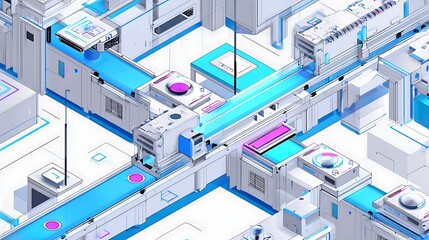 Futuristic, interconnected production facility in an isometric view.