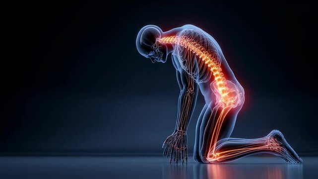 Detailed medical visualization revealing sciatic nerve inflammation through transparent male anatomy, depicting kneeling figure experiencing nerve pain against dark reflective surface