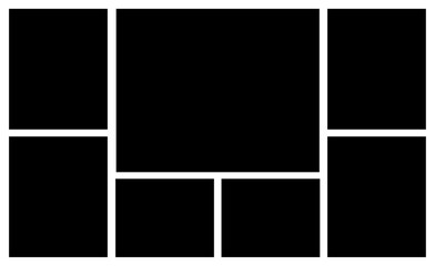 7 Image Photo Collage, 5 Empty geometric photo collage grid rectangle template shape. Modern tiles pattern mosaic for portfolio presentation. Background and photo album for wall mood board. 