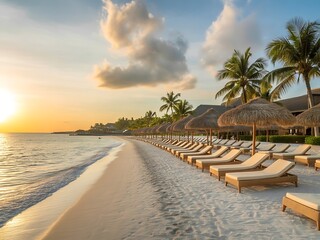 Relaxing Beach Scene at Sunset with Resort Amenities