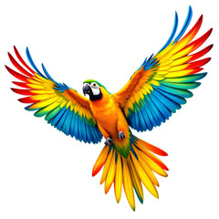 Ai generated image of colorful macaw parrot flying with its wings spread isolated on transparent background