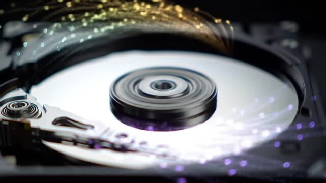 Close up view of a hard drive with a reflective platter and digital streams in blue and purple hues