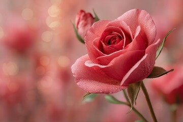 Velvety red rose on a soft pink bokeh background, Valentineâ€™s Day romantic concept, classic and passionate floral art