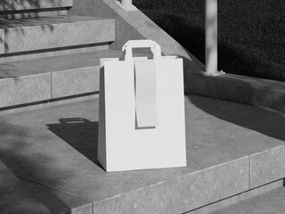 White Blank Paper Bag with Receipt Paper Mockup 3D Rendering on Outdoor Concrete Stairs