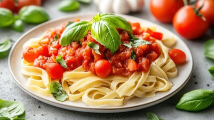 Pasta topped with tomato sauce and basil on a plate