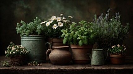 Still life potted herbs view