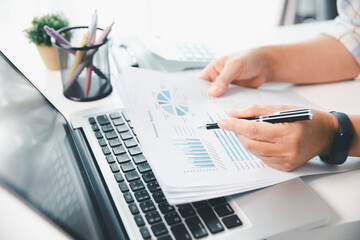Businesswoman analysis with financial data, marketing business strategy project, Business financing...