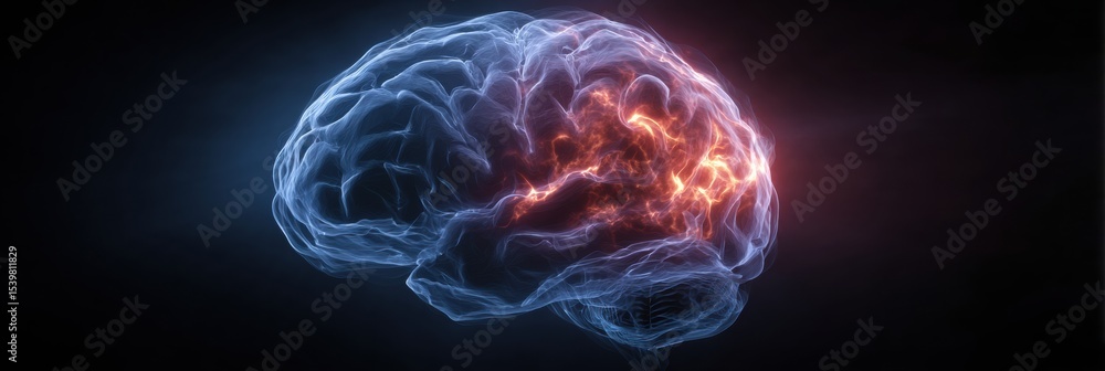 Poster Overheated Brain Symbol Glowing Inside Head With Soft Gradients in a Dark Background Representing Mental Strain and High Stress Levels