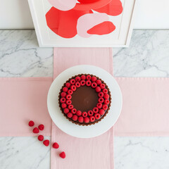 Minimalist Raspberry Chocolate Tart with Pink Textile and Abstract Wall Art