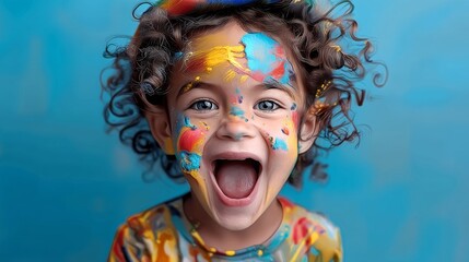 Young girl with colorful face paint is smiling and laughing. The painting on her face is bright and cheerful, and she is having a great time. Scene is happy and playful, as the girl's expression