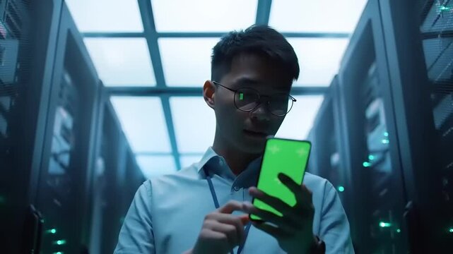 Young professional analyzing data on smartphone in a server room with glowing technology backdrop - Powered by Adobe