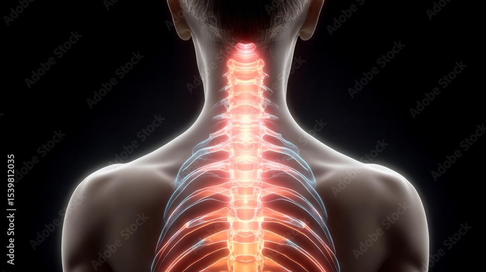 Poster close up of a person's back with the spine and ribs clearly visible. concept of vulnerability and fr