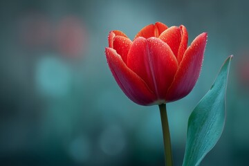 Vibrant red tulip standing tall against a smooth glowing bokeh background, minimalist and fresh spring flower concept