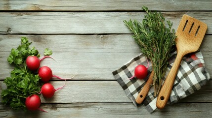 Radishes, thyme, spatula on wood planks, overhead shot