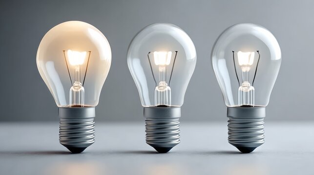 Three light bulbs are lit up, with one of them being the brightest. The other two are dimmer. Concept of brightness and illumination, as well as the idea of progress and growth