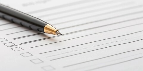 A black pen with a gold clip lies on a blank sheet of paper with evenly spaced lines, against a white background