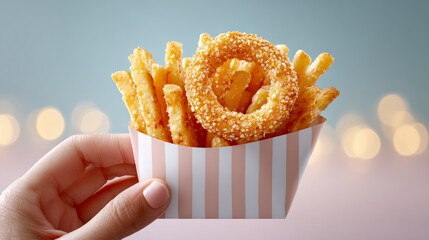 Person is holding a basket of french fries and a ring. The fries are golden and crispy, and the ring is sprinkled with sesame seeds. Concept of indulgence and enjoyment, as the fries