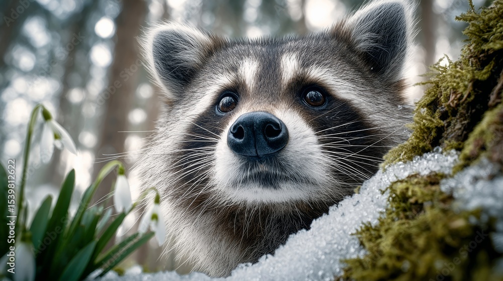 Poster raccoon is looking at the camera with its nose close to the camera. the image has a moody and myster