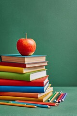 Colorful Stack of Books With Red Apple on Top Against Green Background in a Study Environment.
