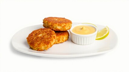stock food tartar sauce lemon slice clam cakes isolated food white background product photography clean layout
