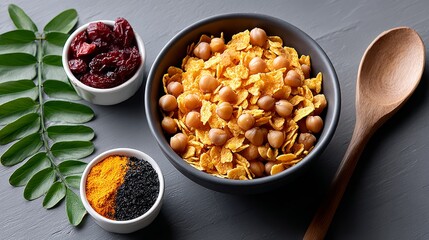 Bowl of cereal with nuts and berries sits on a table next to a spoon. The bowl of cereal is surrounded by other bowls containing different types of food. Concept of abundance and variety