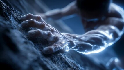 Muscular forearm revealing intricate glowing veins and tendons while gripping rugged rock surface during intense climbing challenge - Powered by Adobe