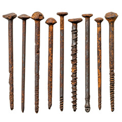 A collection of old, rusty nails with rough surfaces, isolated on a white background