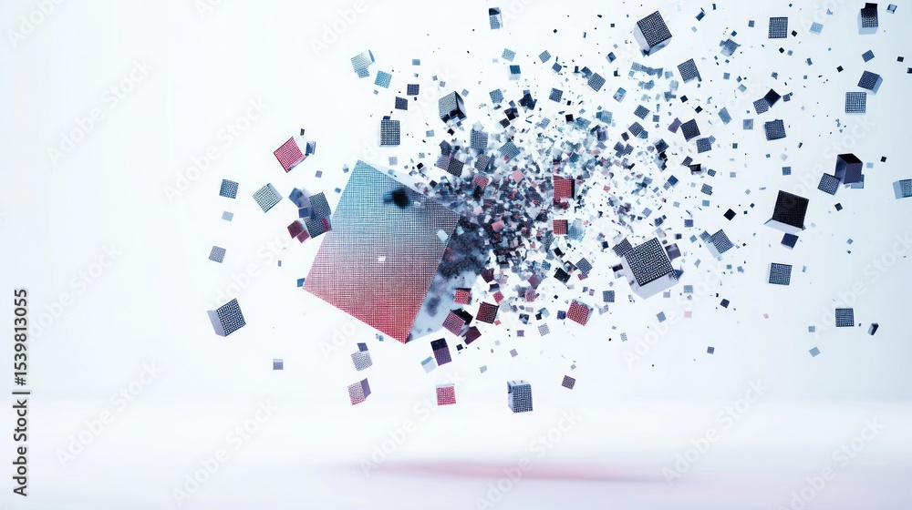 Poster dynamic cube explosion showcasing data transformation and futuristic concepts